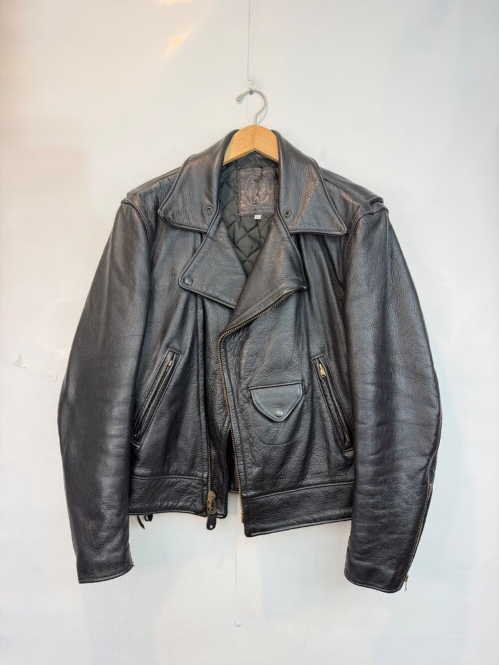 VTG Golden Bear Black Leather Moto Jacket Size 42 Scovill Zipper Quilted Liner